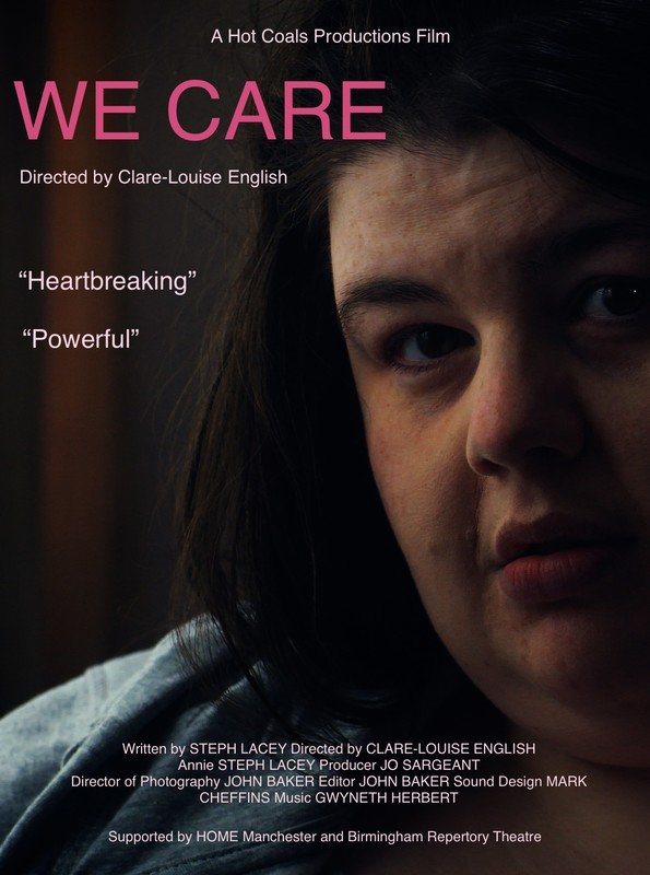 Poster for We Care features the title and credits in pink and white text. A woman with light skin and dark hair looks to the camera. She is barely lit and looks pensive