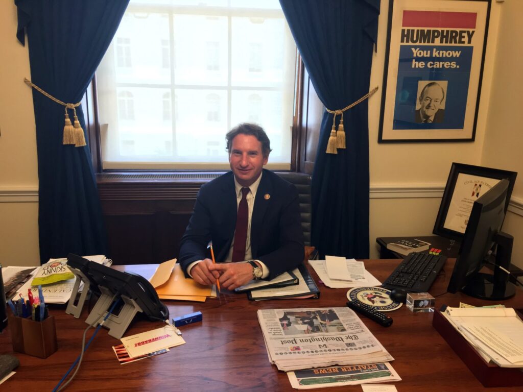 Rep. Dean Phillips in his office in the Longworth House Office Building in Washington D.C. in mid-June.